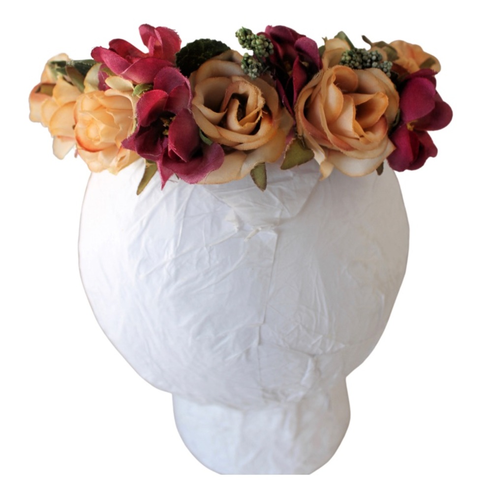NWT handmade plum floral crown halo tieback Floral boho photo prop tie back 0-3m